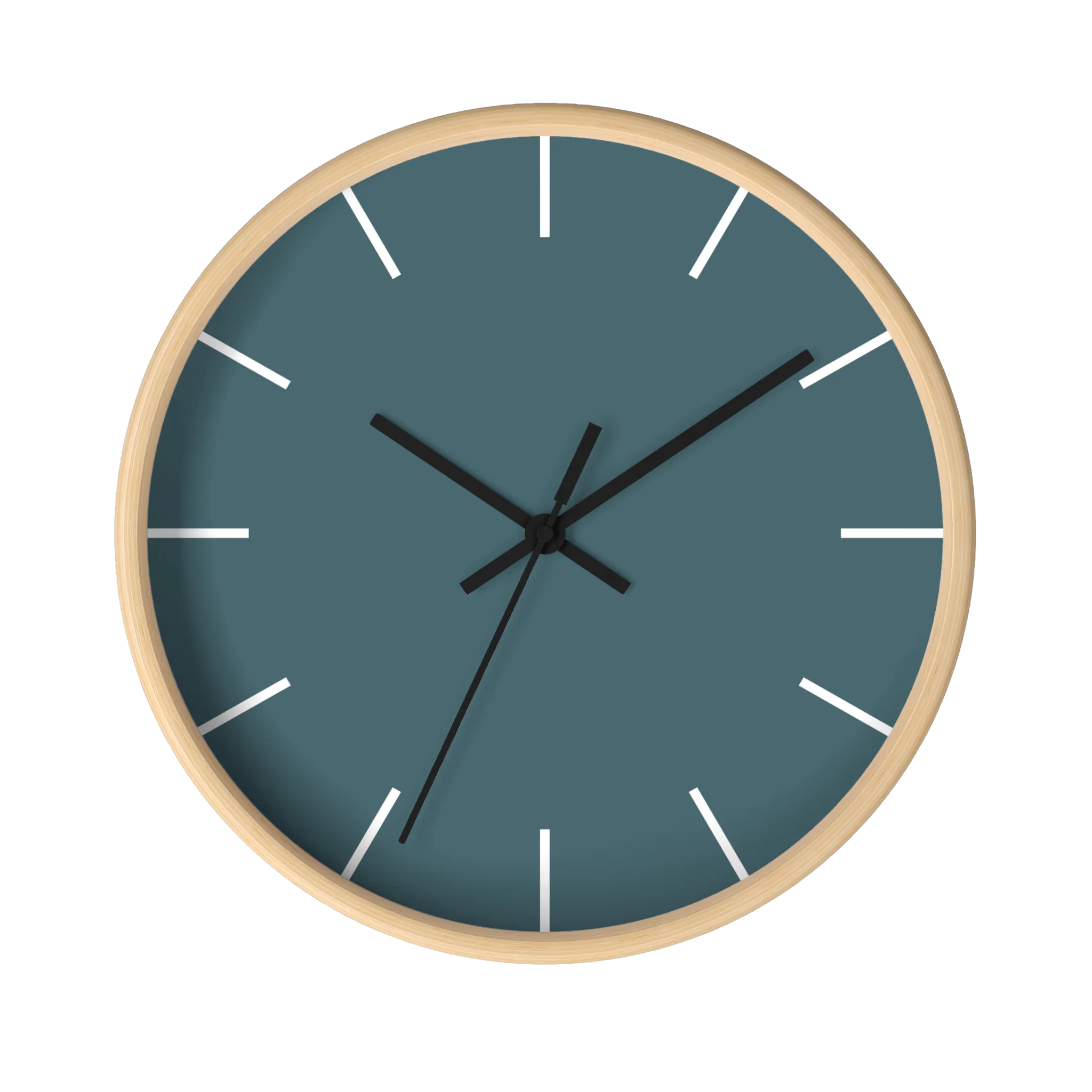 Deep space sparkle teal silent wall clock, wooden base, black hands, white markers, 10 inch, front view.