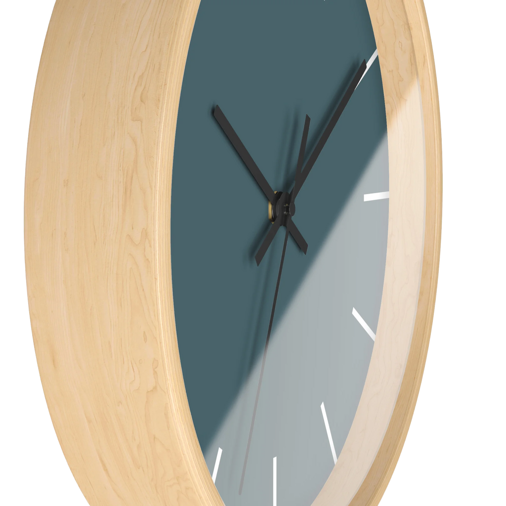 Deep space sparkle teal silent wall clock, wooden base, black hands, white markers, 10 inch, side view.