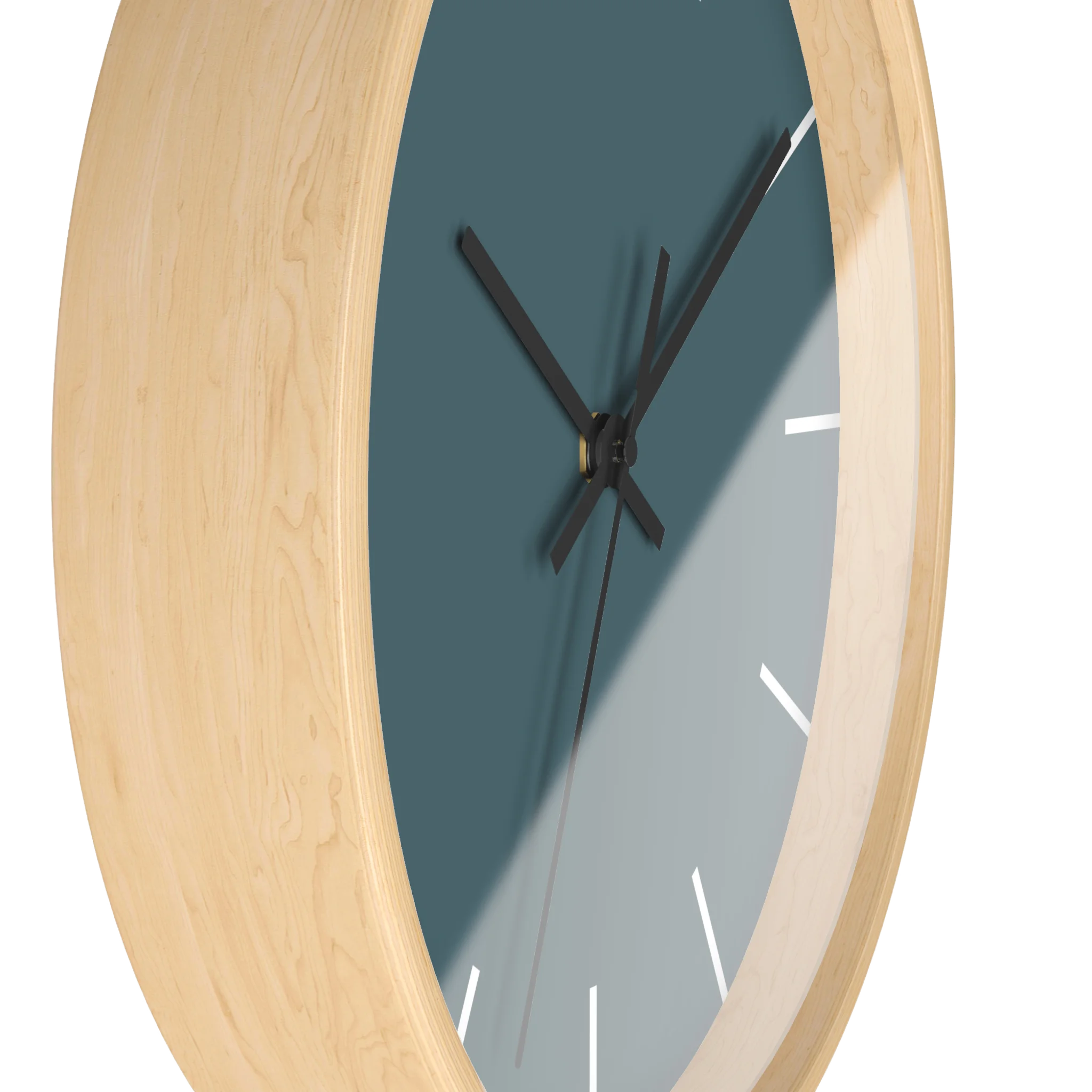Deep space sparkle teal silent wall clock, wooden base, black hands, white markers, 10 inch, side view.