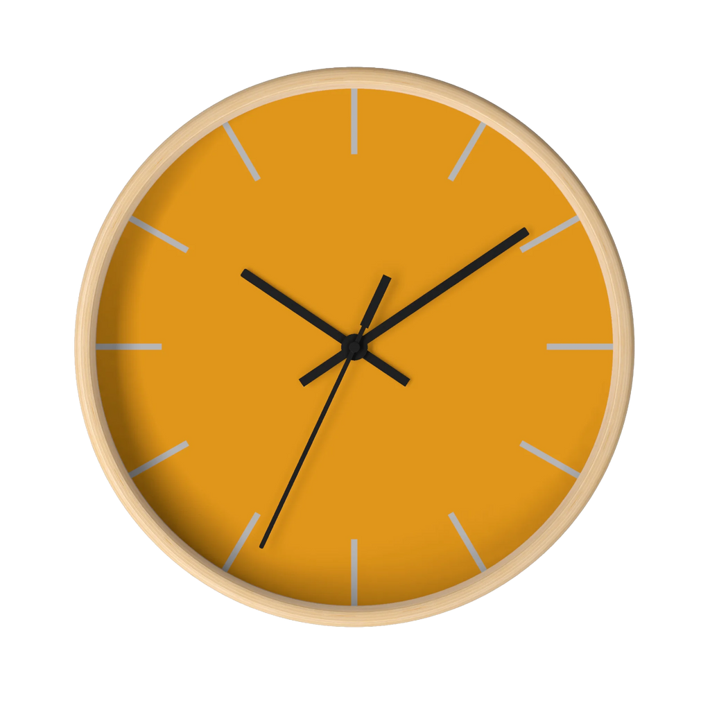 Dixie orange silent wall clock, wooden base, black hands, light grey markers, 10 inch, front view.