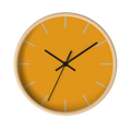 Dixie orange silent wall clock, wooden base, black hands, light grey markers, 10 inch, front view.