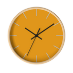 Dixie orange silent wall clock, wooden base, black hands, light grey markers, 10 inch, front view.