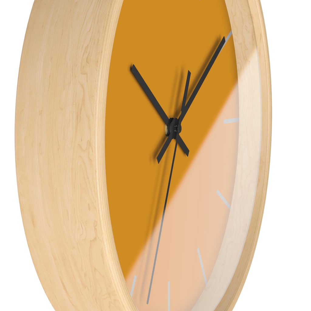 Dixie orange silent wall clock, wooden base, black hands, light grey markers, 10 inch, side view.