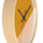 Dixie orange silent wall clock, wooden base, black hands, light grey markers, 10 inch, side view.