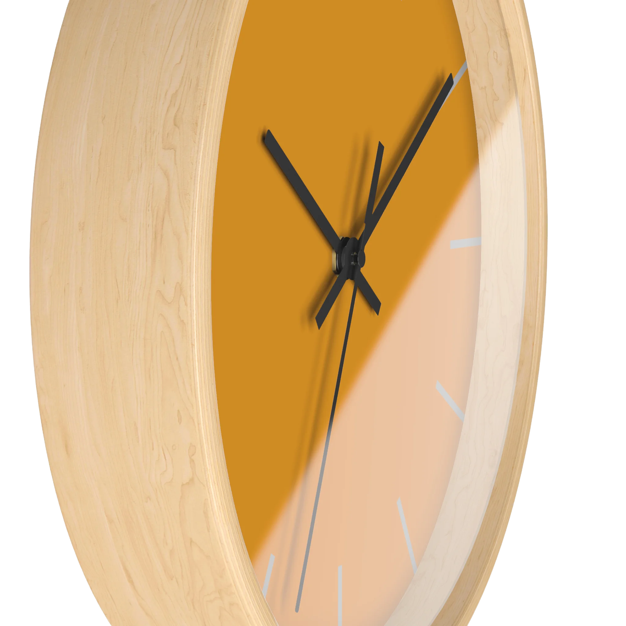 Dixie orange silent wall clock, wooden base, black hands, light grey markers, 10 inch, side view.