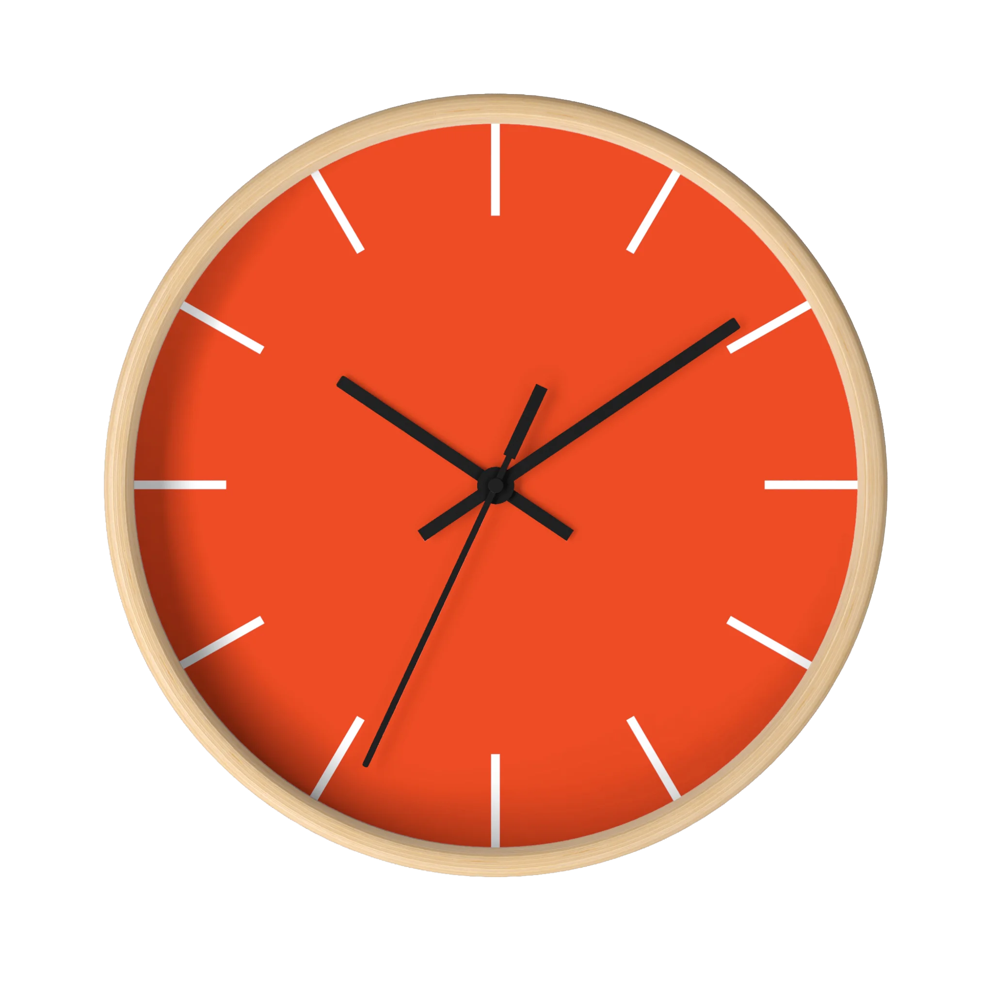 Dragon fire red silent wall clock, wooden base, black hands, white markers, 10 inch, front view.