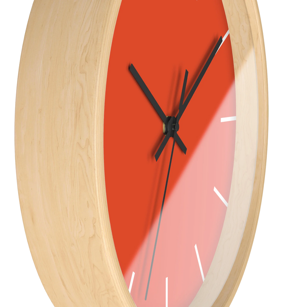 Dragon fire red silent wall clock, wooden base, black hands, white markers, 10 inch, side view.