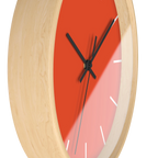 Dragon fire red silent wall clock, wooden base, black hands, white markers, 10 inch, side view.