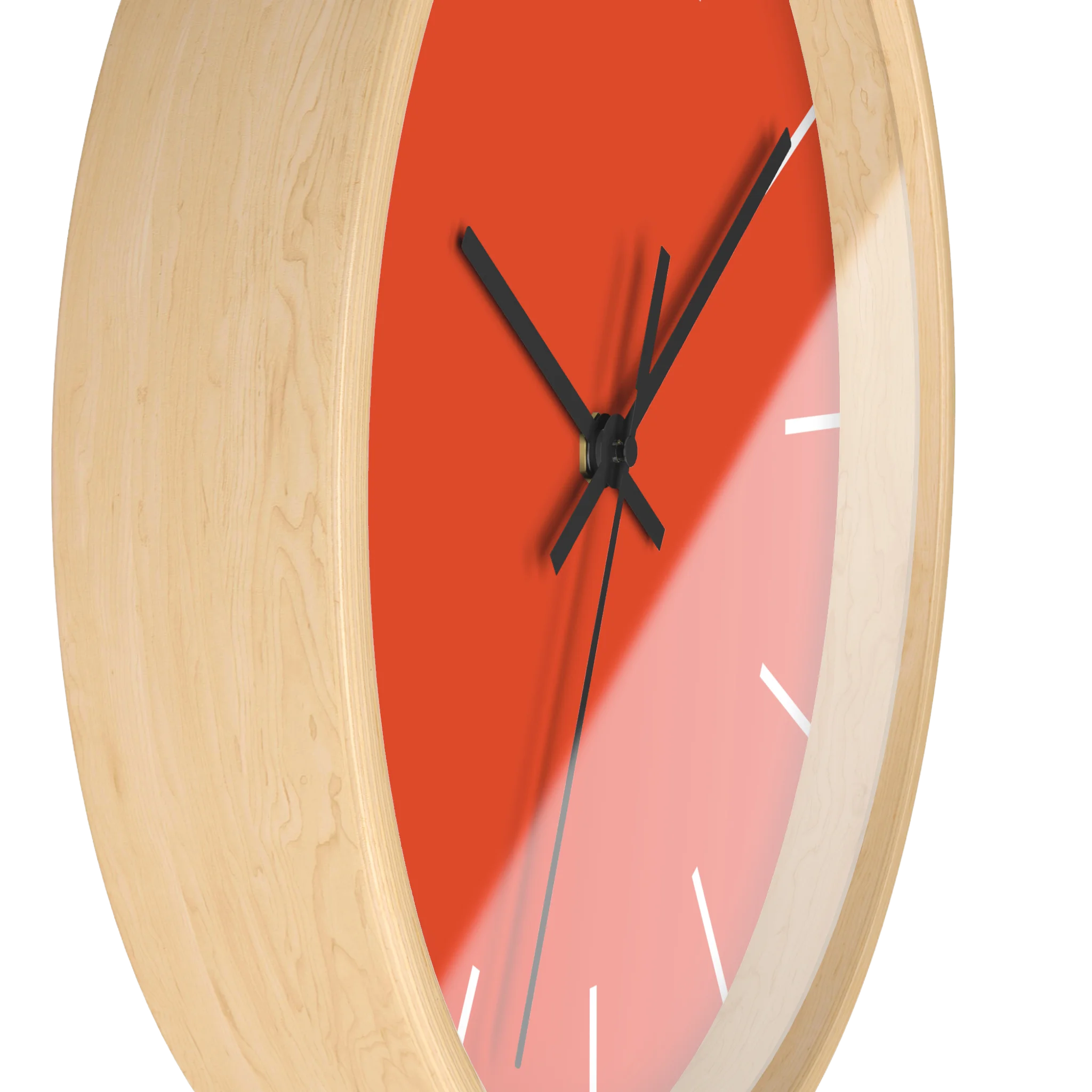 Dragon fire red silent wall clock, wooden base, black hands, white markers, 10 inch, side view.