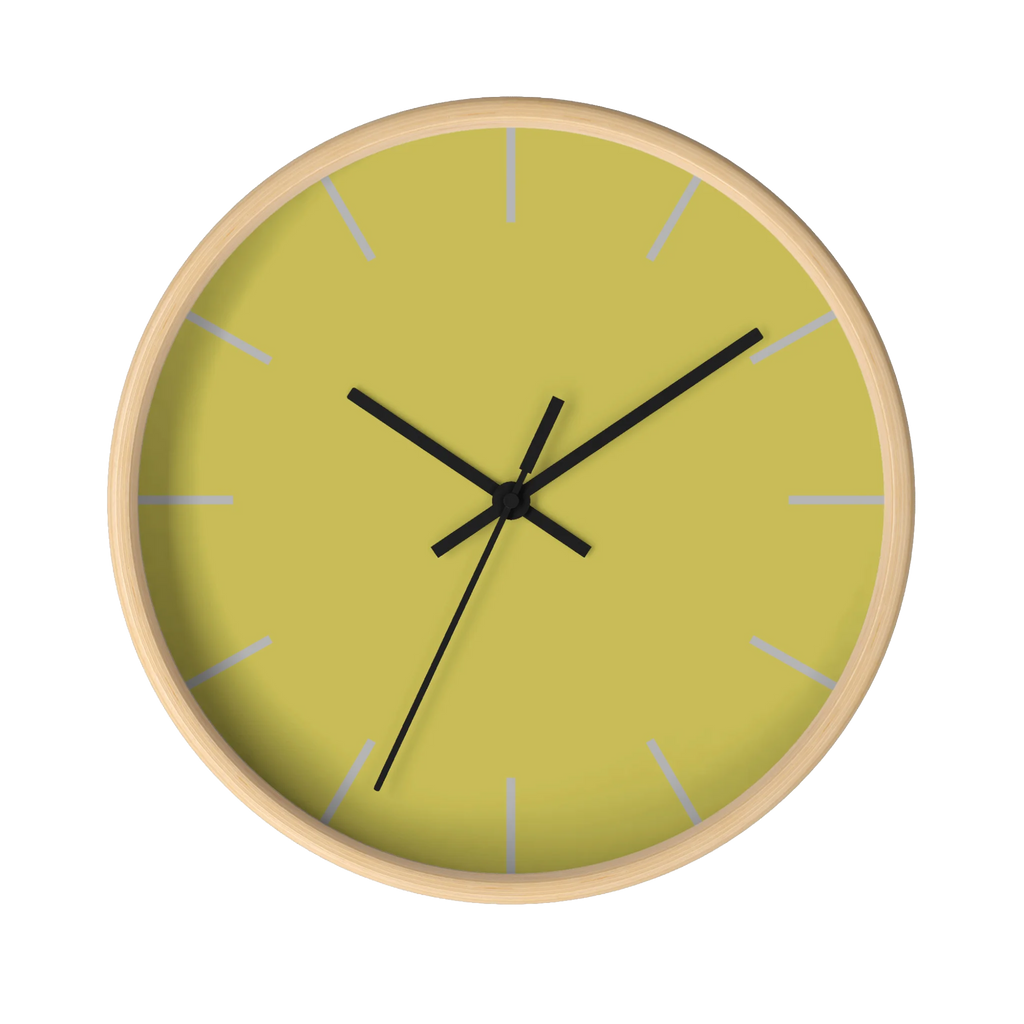 Dull gold yellow silent wall clock, wooden base, black hands, light grey markers, 10 inch, front view.