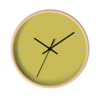 Dull gold yellow silent wall clock, wooden base, black hands, light grey markers, 10 inch, front view.