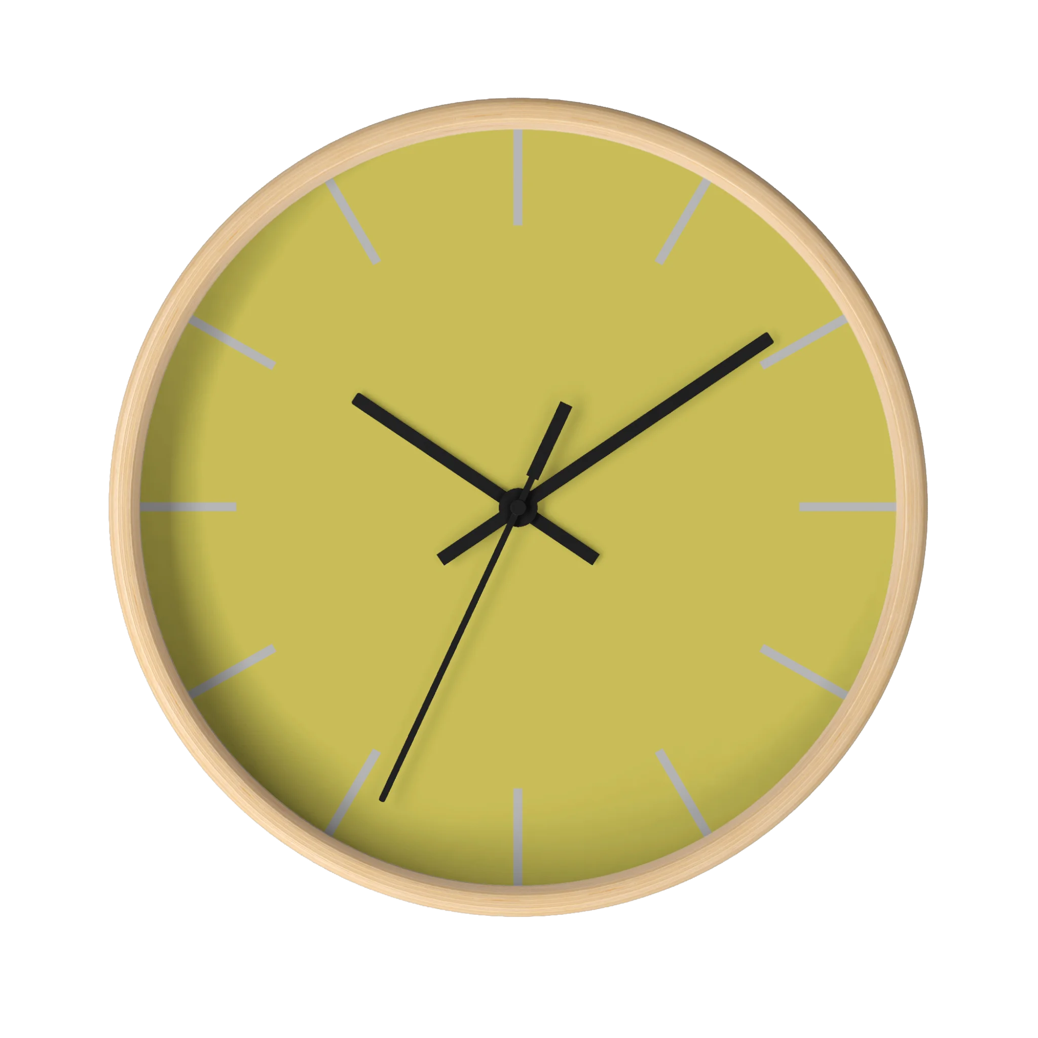 Dull gold yellow silent wall clock, wooden base, black hands, light grey markers, 10 inch, front view.