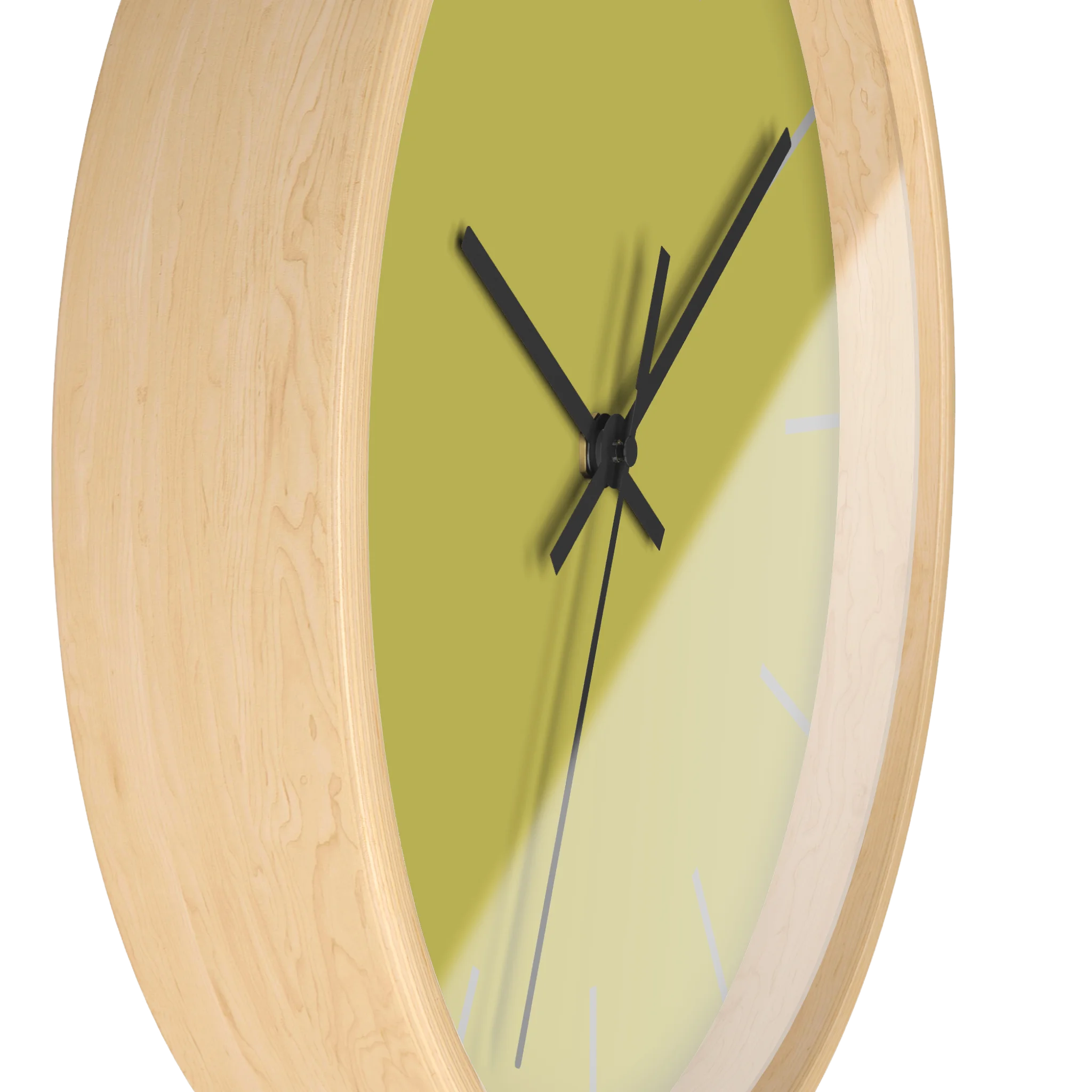 Dull gold yellow silent wall clock, wooden base, black hands, light grey markers, 10 inch, side view.