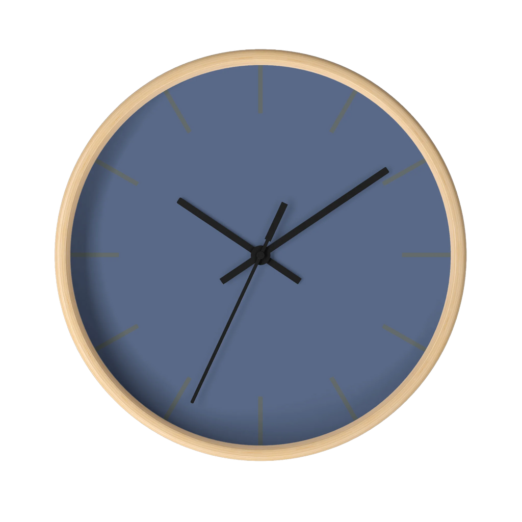 Dust blue silent wall clock, wooden base, black hands, grey markers, 10 inch, front view.