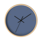 Dust blue silent wall clock, wooden base, black hands, grey markers, 10 inch, front view.