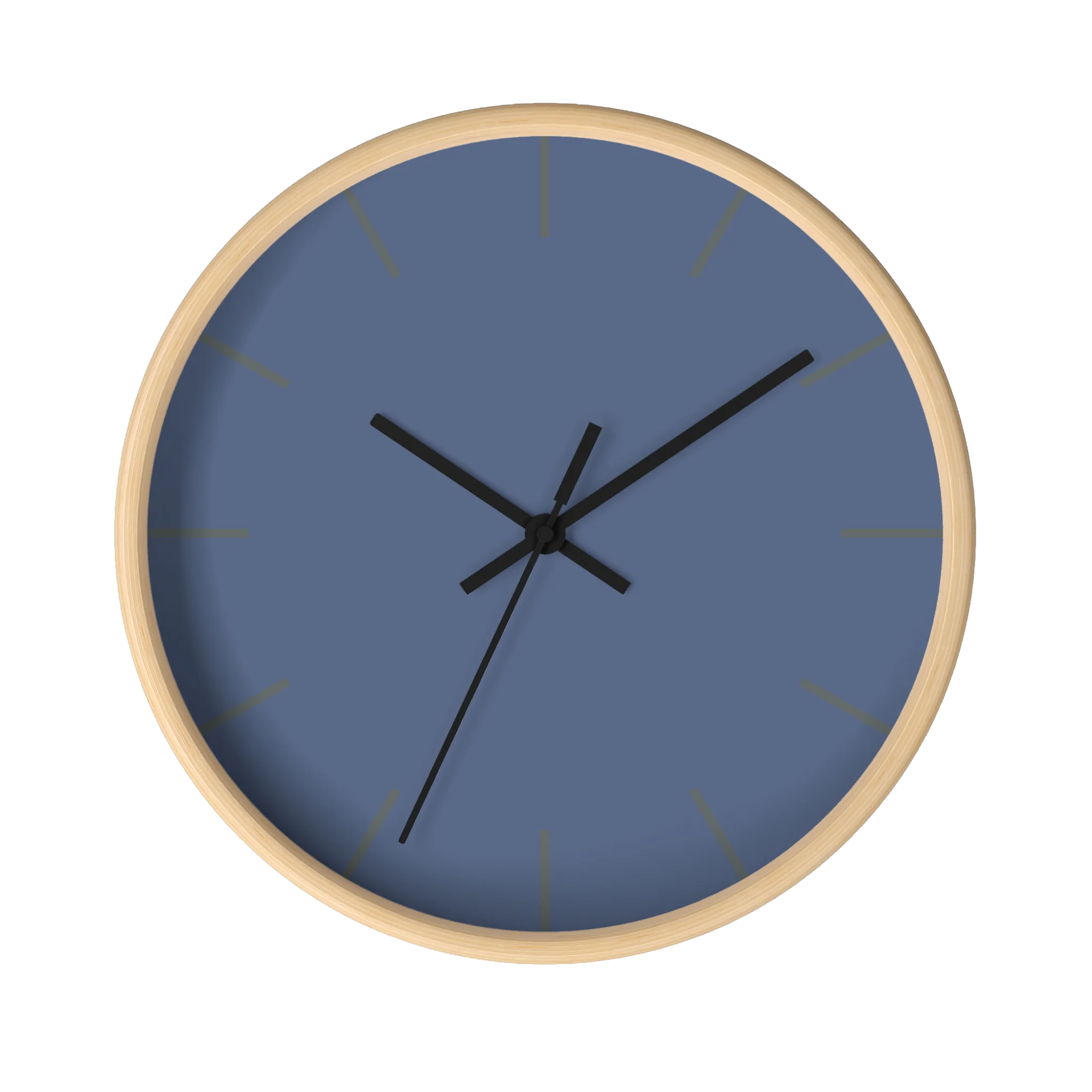 Dust blue silent wall clock, wooden base, black hands, grey markers, 10 inch, front view.