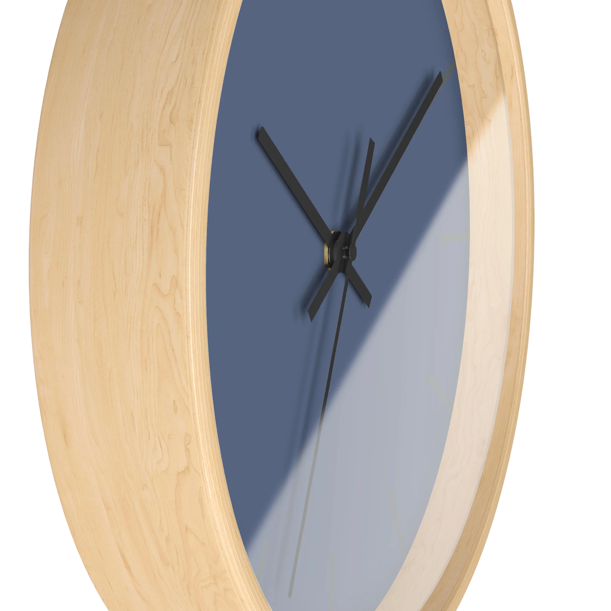 Dust blue silent wall clock, wooden base, black hands, grey markers, 10 inch, side view.