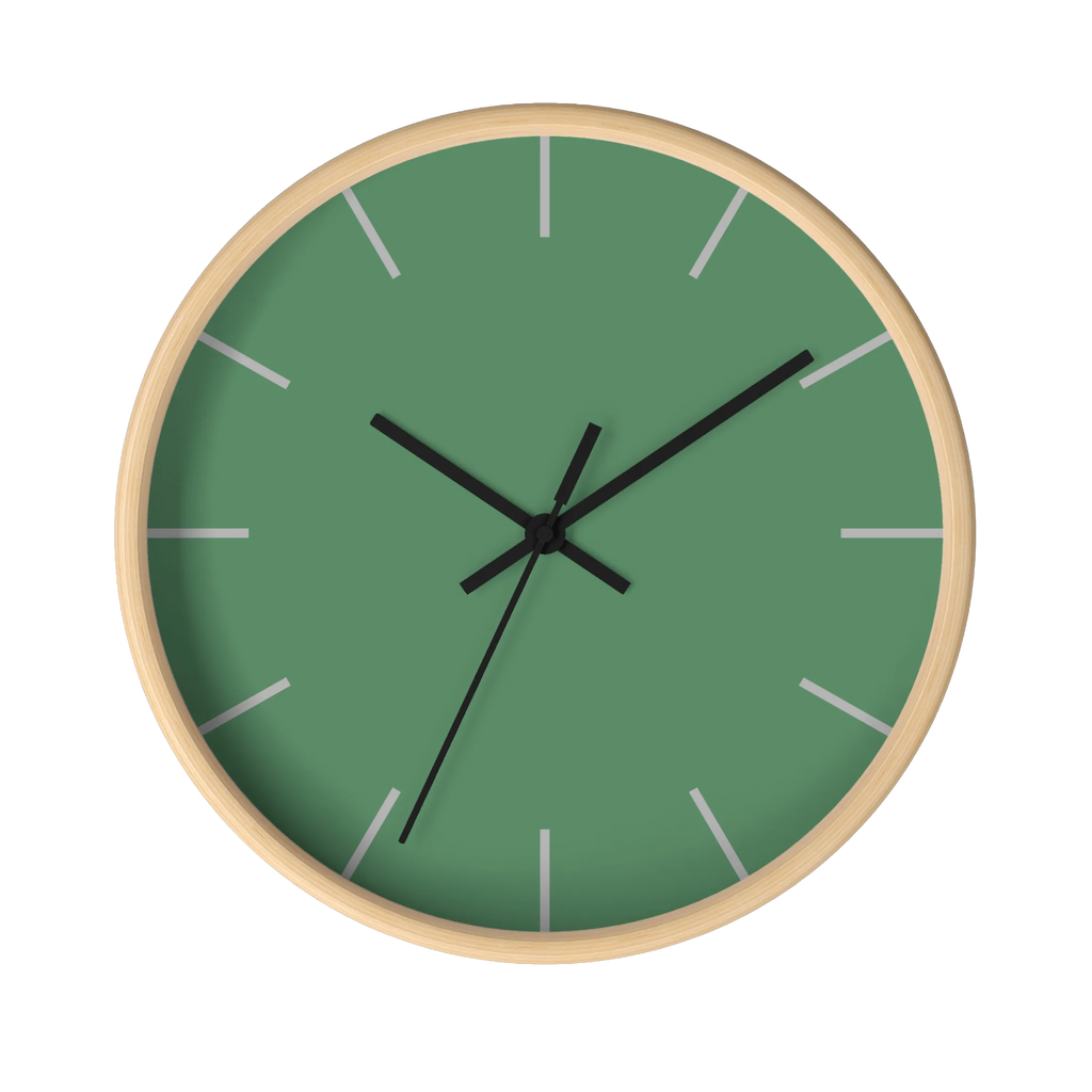 Dust green silent wall clock, wooden base, black hands, ivory grey markers, 10 inch, front view.