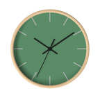 Dust green silent wall clock, wooden base, black hands, ivory grey markers, 10 inch, front view.