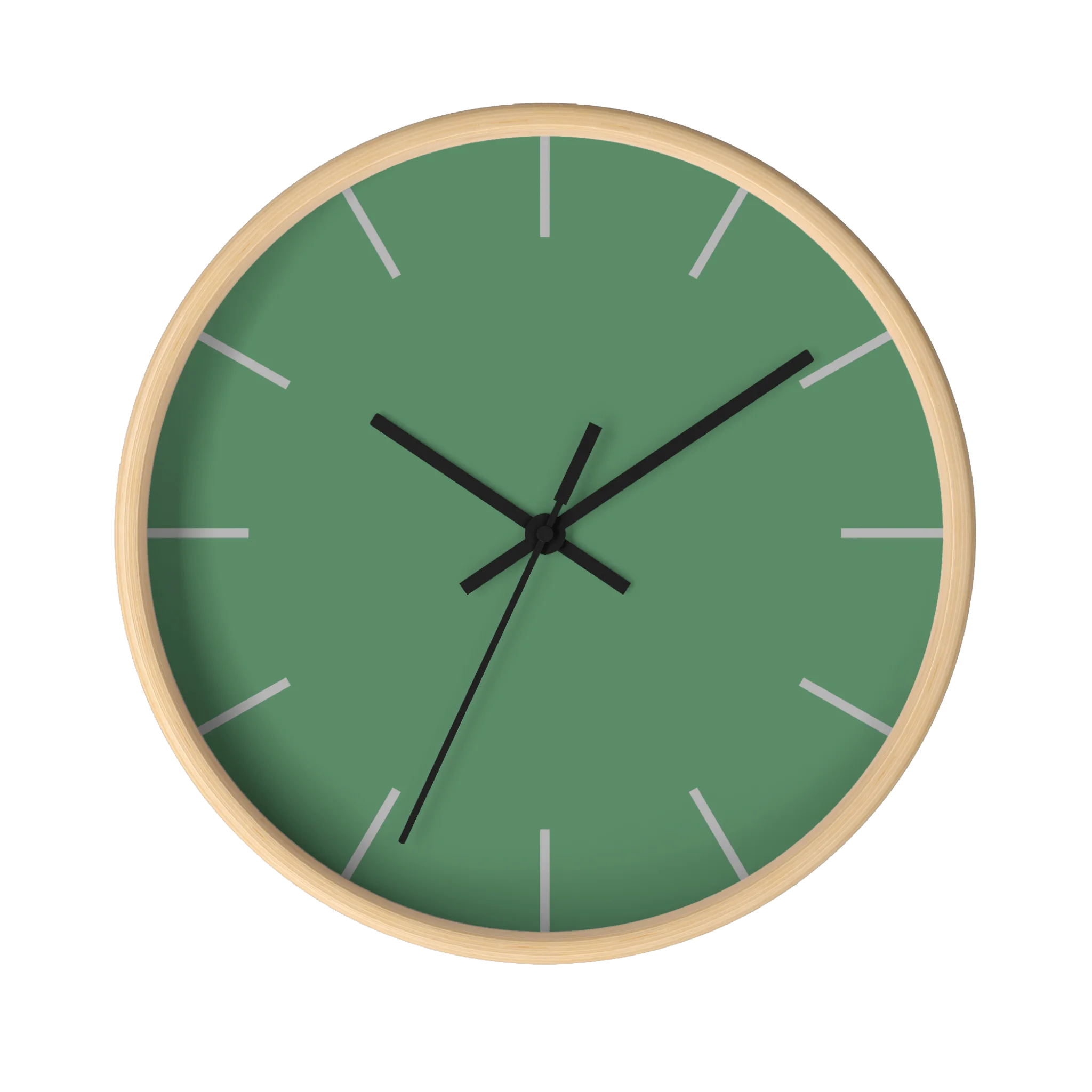 Dust green silent wall clock, wooden base, black hands, ivory grey markers, 10 inch, front view.