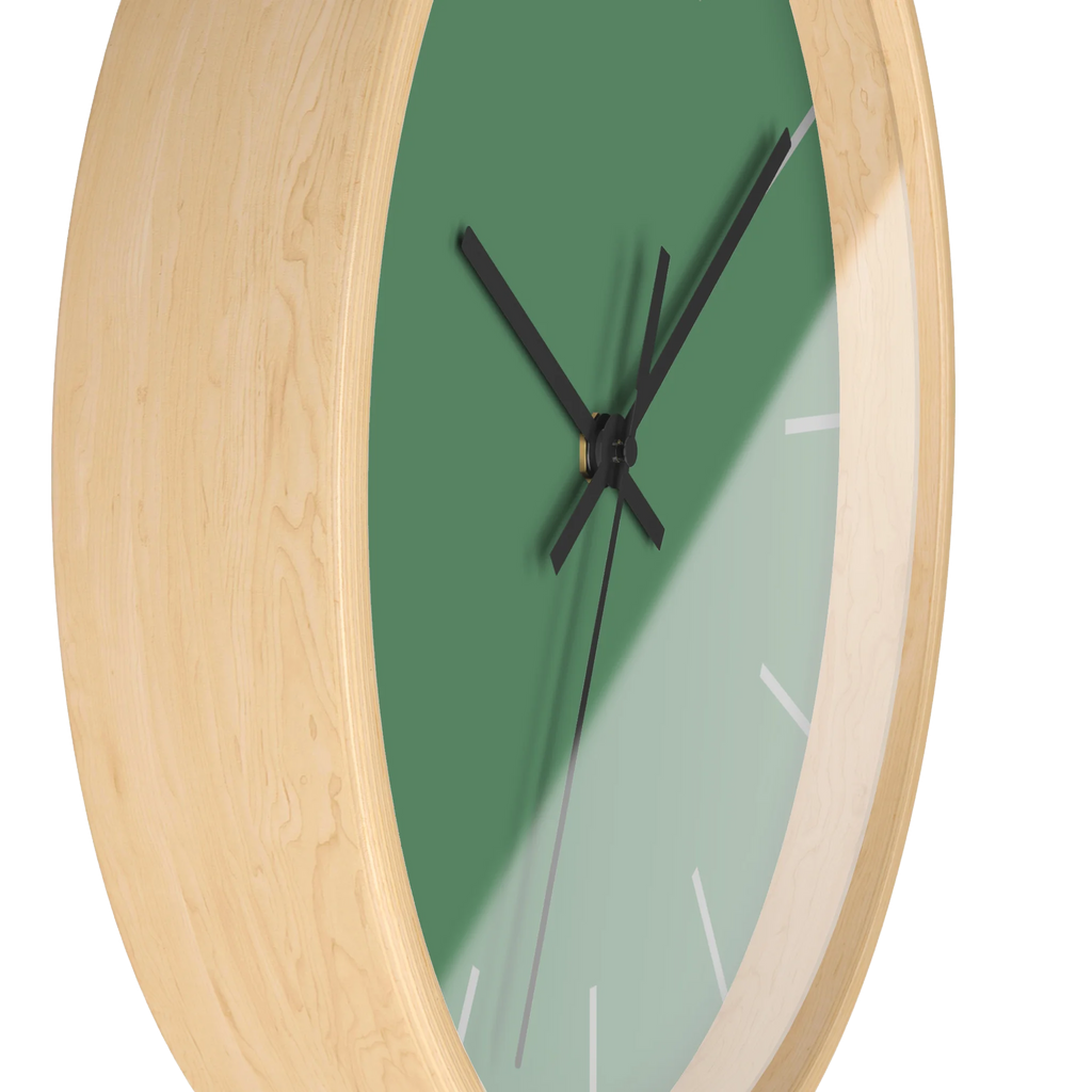 Dust green silent wall clock, wooden base, black hands, ivory grey markers, 10 inch, side view.
