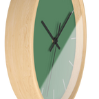 Dust green silent wall clock, wooden base, black hands, ivory grey markers, 10 inch, side view.