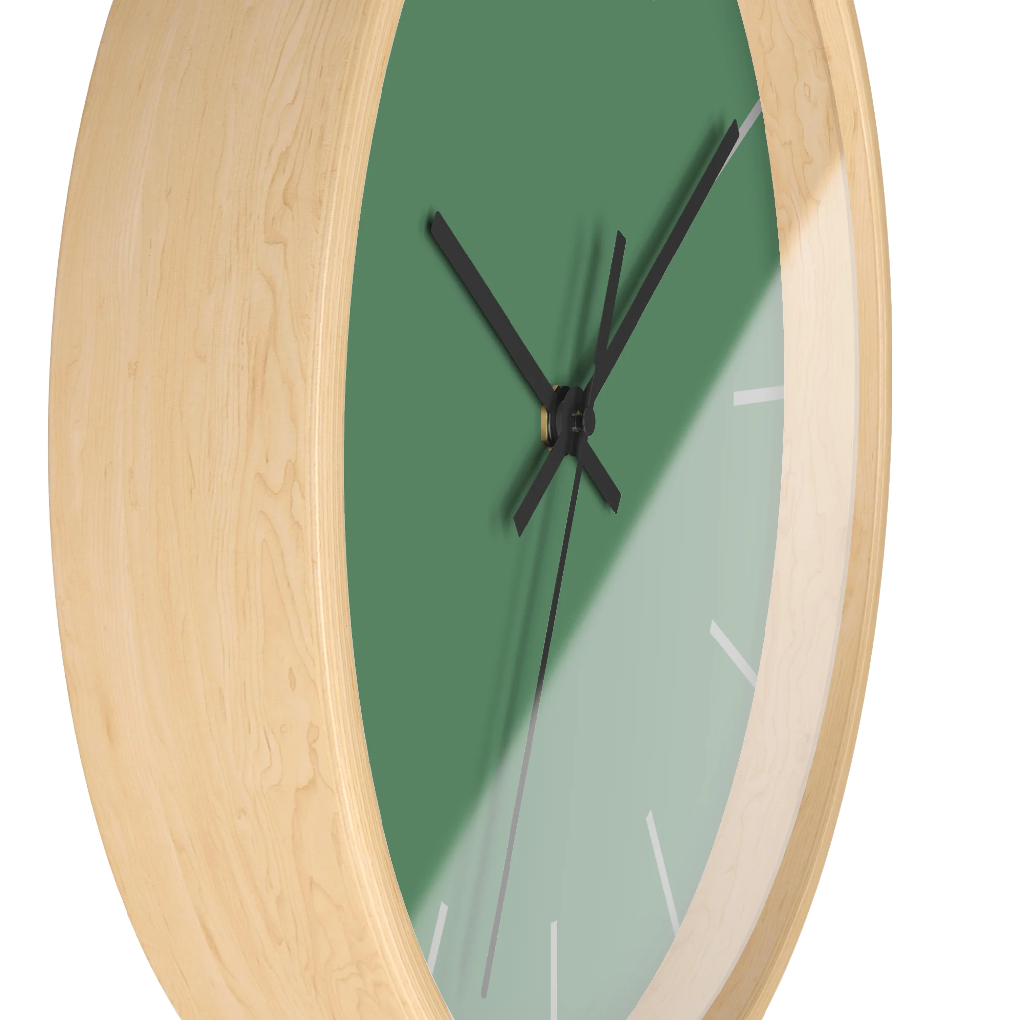 Dust green silent wall clock, wooden base, black hands, ivory grey markers, 10 inch, side view.