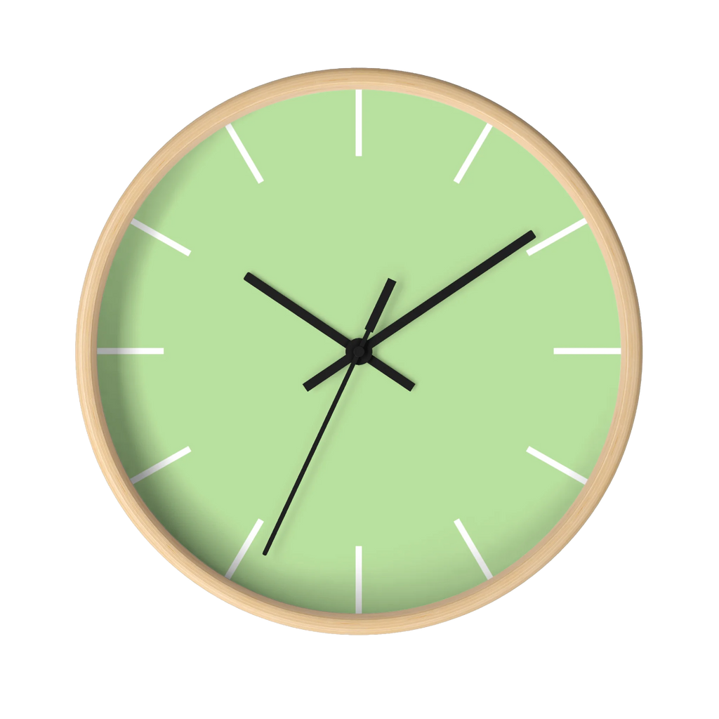 Fresh green mint silent wall clock, wooden base, black hands, white markers, 10 inch, front view.