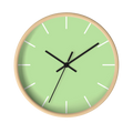 Fresh green mint silent wall clock, wooden base, black hands, white markers, 10 inch, front view.