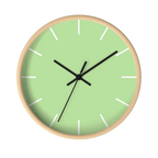 Fresh green mint silent wall clock, wooden base, black hands, white markers, 10 inch, front view.