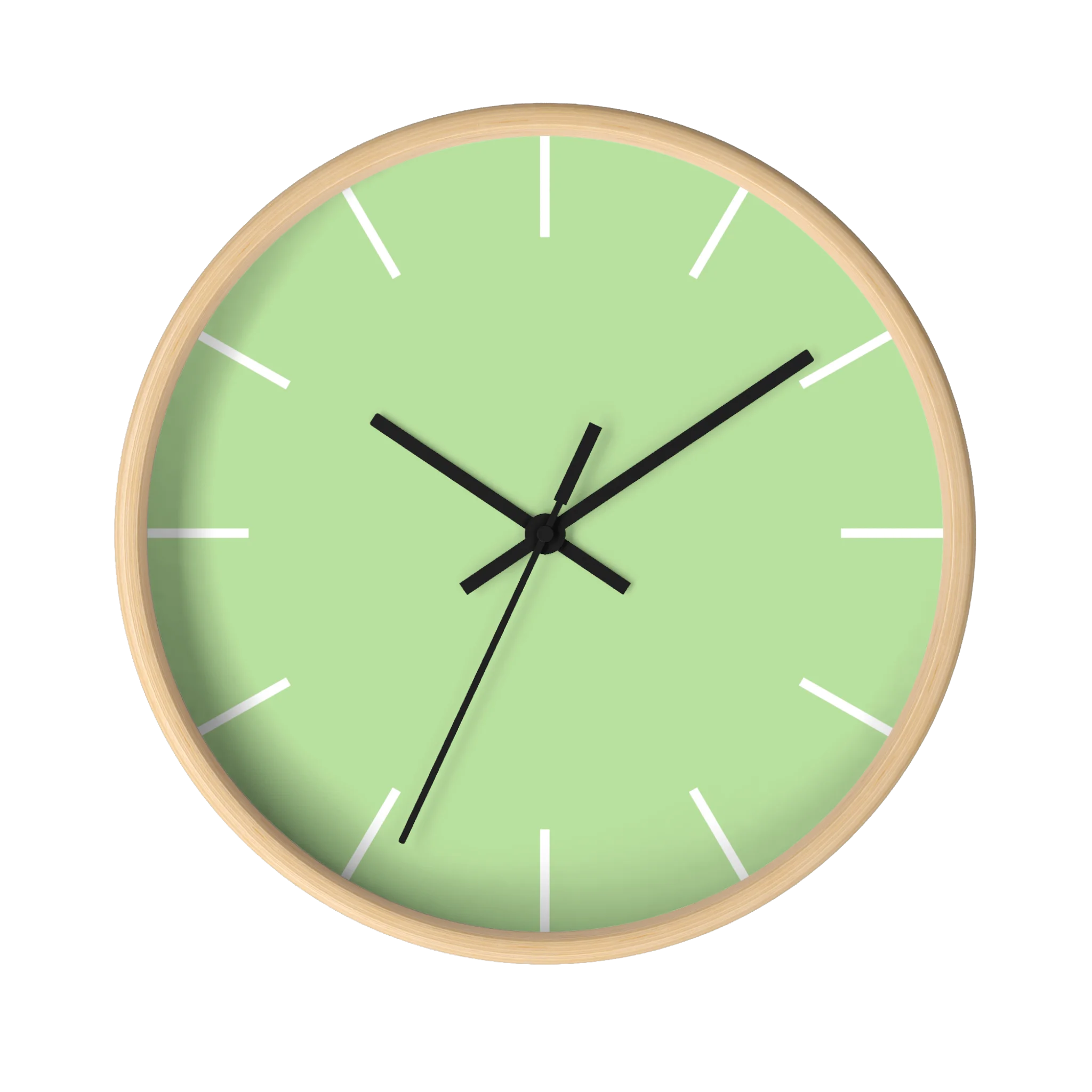 Fresh green mint silent wall clock, wooden base, black hands, white markers, 10 inch, front view.