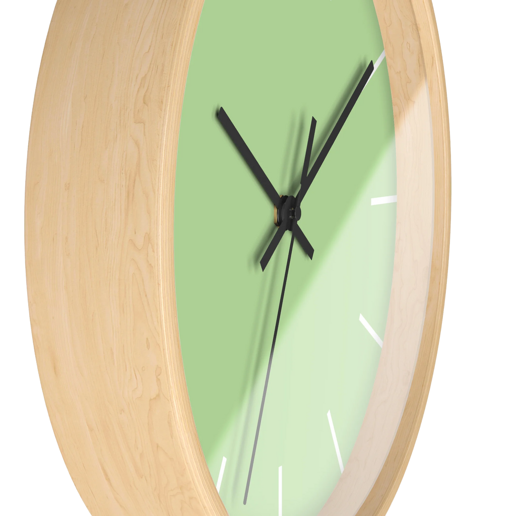 Fresh green mint silent wall clock, wooden base, black hands, white markers, 10 inch, side view.