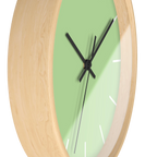 Fresh green mint silent wall clock, wooden base, black hands, white markers, 10 inch, side view.