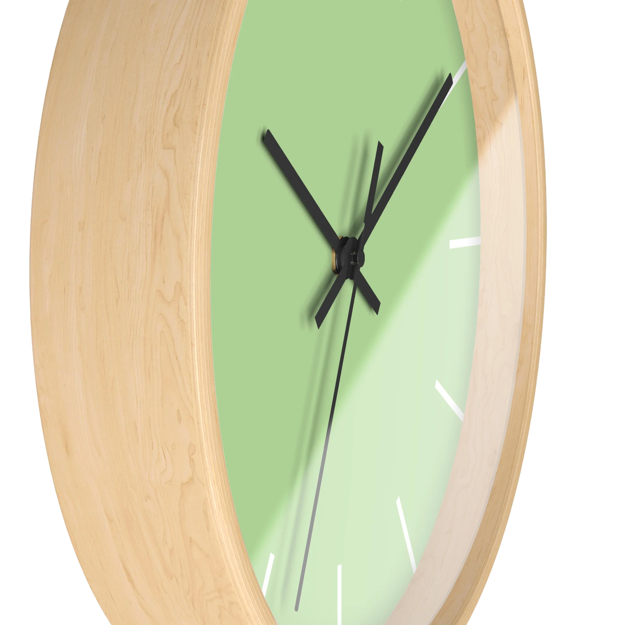 Fresh green mint silent wall clock, wooden base, black hands, white markers, 10 inch, side view.
