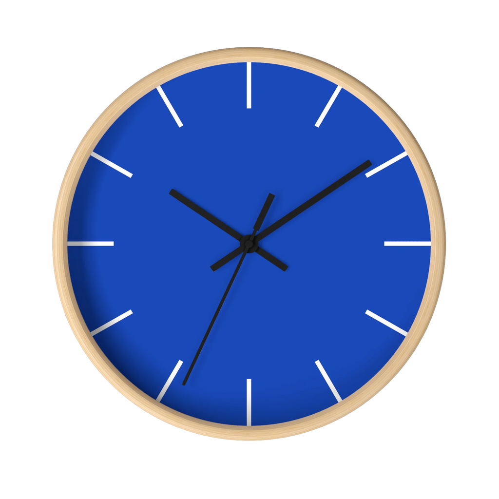 Funky Blue silent wall clock, wooden base, black hands, white markers, 10 inch, front view.