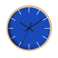 Funky Blue silent wall clock, wooden base, black hands, white markers, 10 inch, front view.
