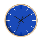 Funky Blue silent wall clock, wooden base, black hands, white markers, 10 inch, front view.
