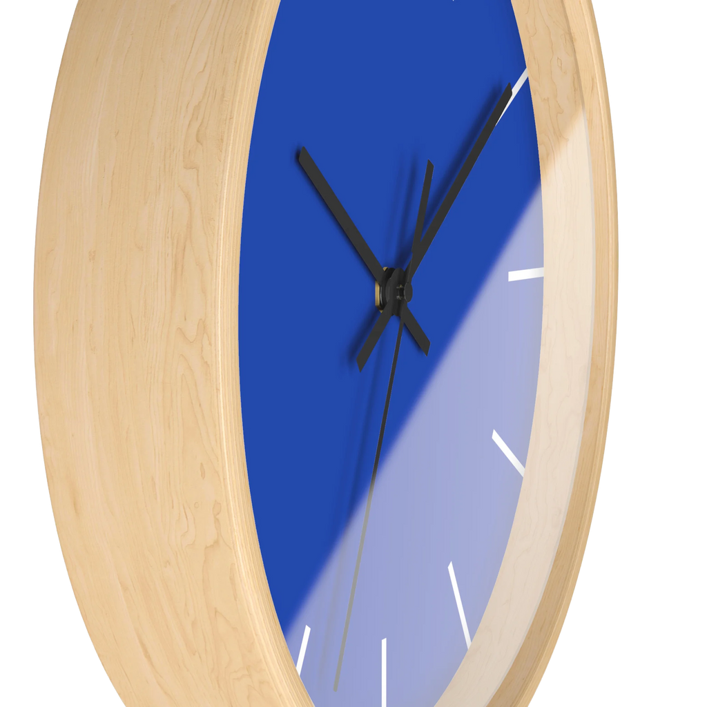 Funky Blue silent wall clock, wooden base, black hands, white markers, 10 inch, side view.