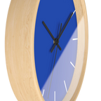Funky Blue silent wall clock, wooden base, black hands, white markers, 10 inch, side view.