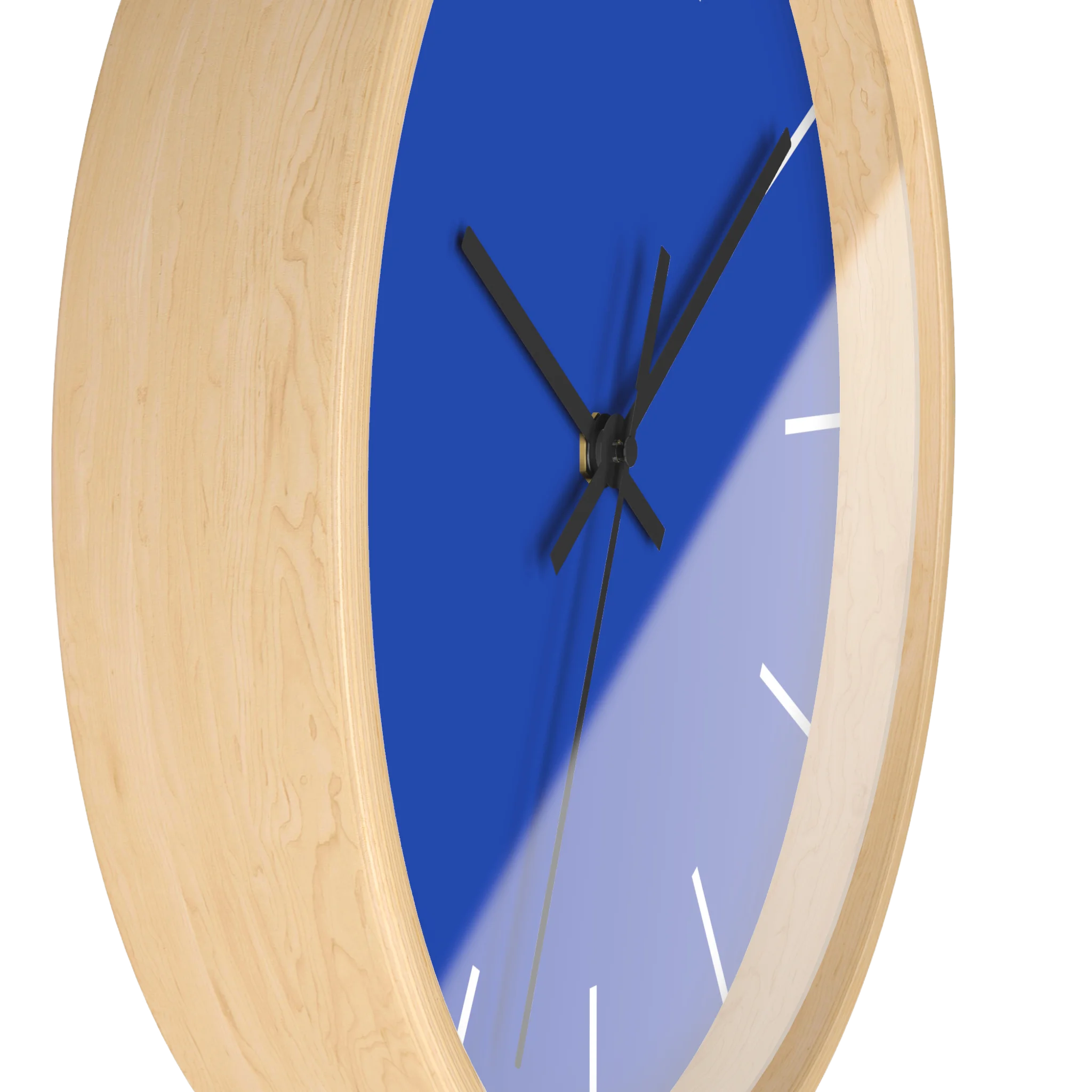 Funky Blue silent wall clock, wooden base, black hands, white markers, 10 inch, side view.