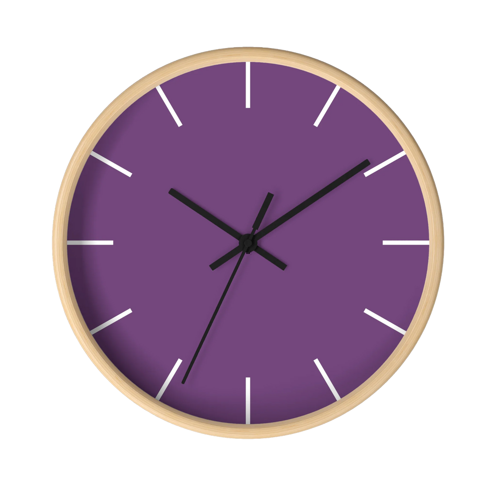 Garlic Purple silent wall clock, wooden base, black hands, white markers, 10 inch, front view.