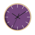 Garlic Purple silent wall clock, wooden base, black hands, white markers, 10 inch, front view.