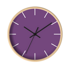 Garlic Purple silent wall clock, wooden base, black hands, white markers, 10 inch, front view.
