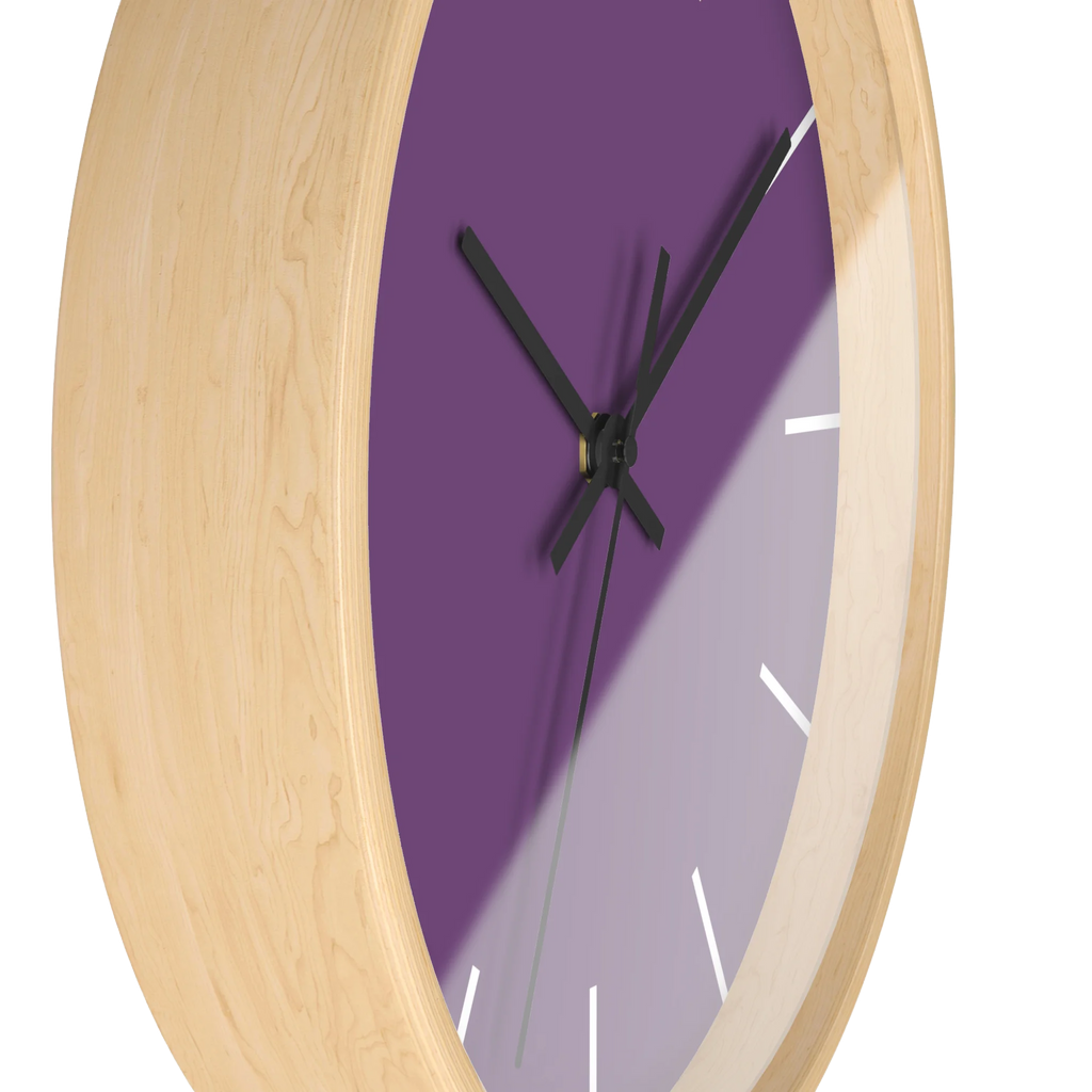 Garlic Purple silent wall clock, wooden base, black hands, white markers, 10 inch, side view.