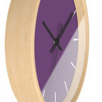 Garlic Purple silent wall clock, wooden base, black hands, white markers, 10 inch, side view.