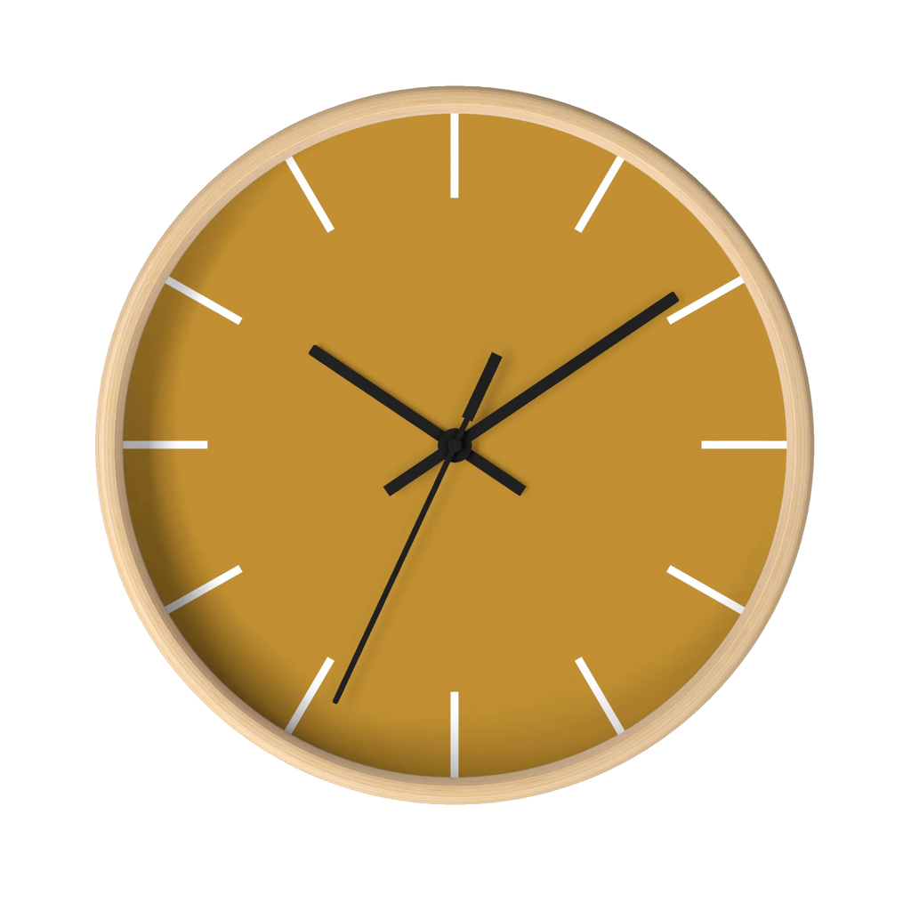 Gold ochre mustard silent wall clock, wooden base, black hands, white markers, 10 inch, front view.