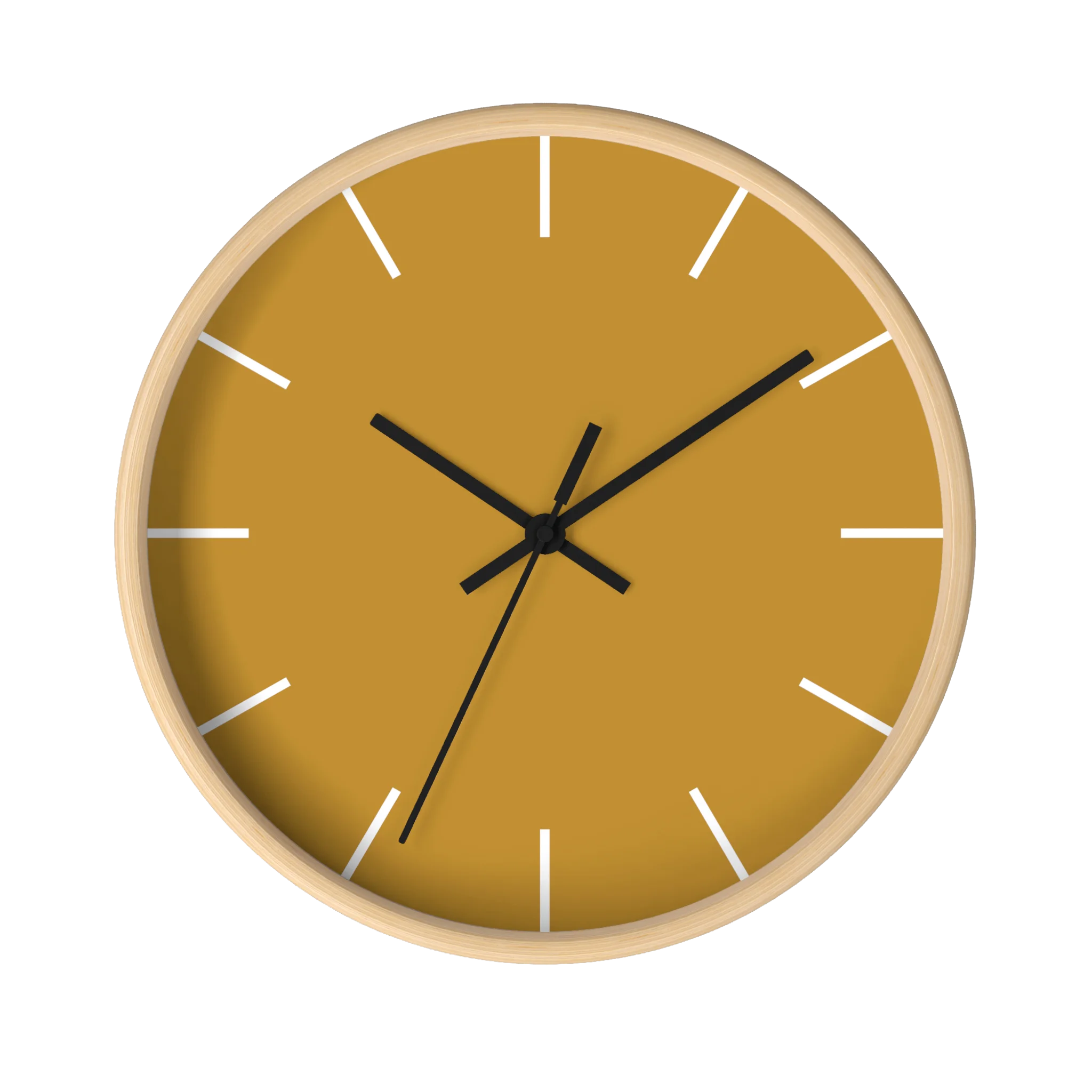 Gold ochre mustard silent wall clock, wooden base, black hands, white markers, 10 inch, front view.
