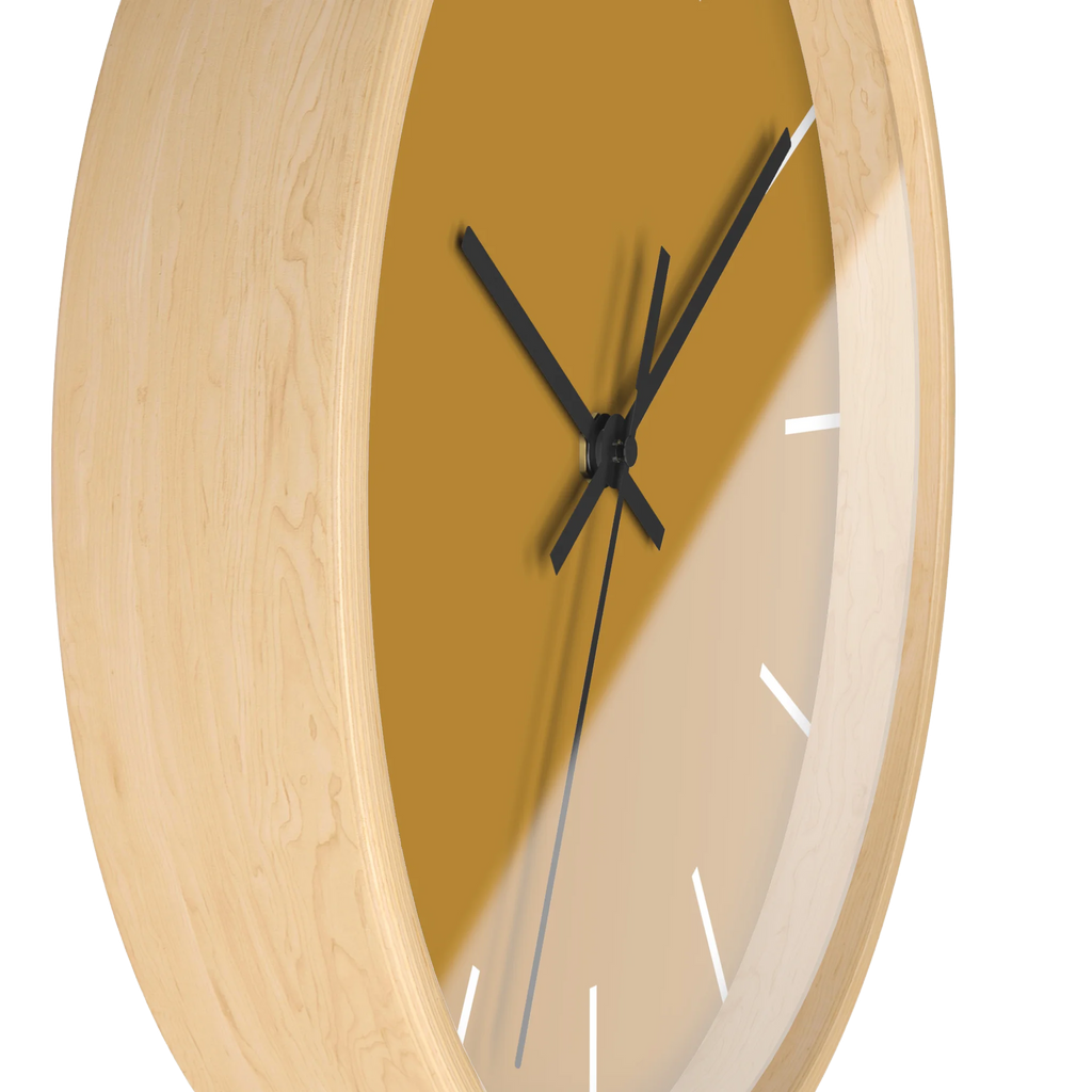 Gold ochre mustard silent wall clock, wooden base, black hands, white markers, 10 inch, side view.