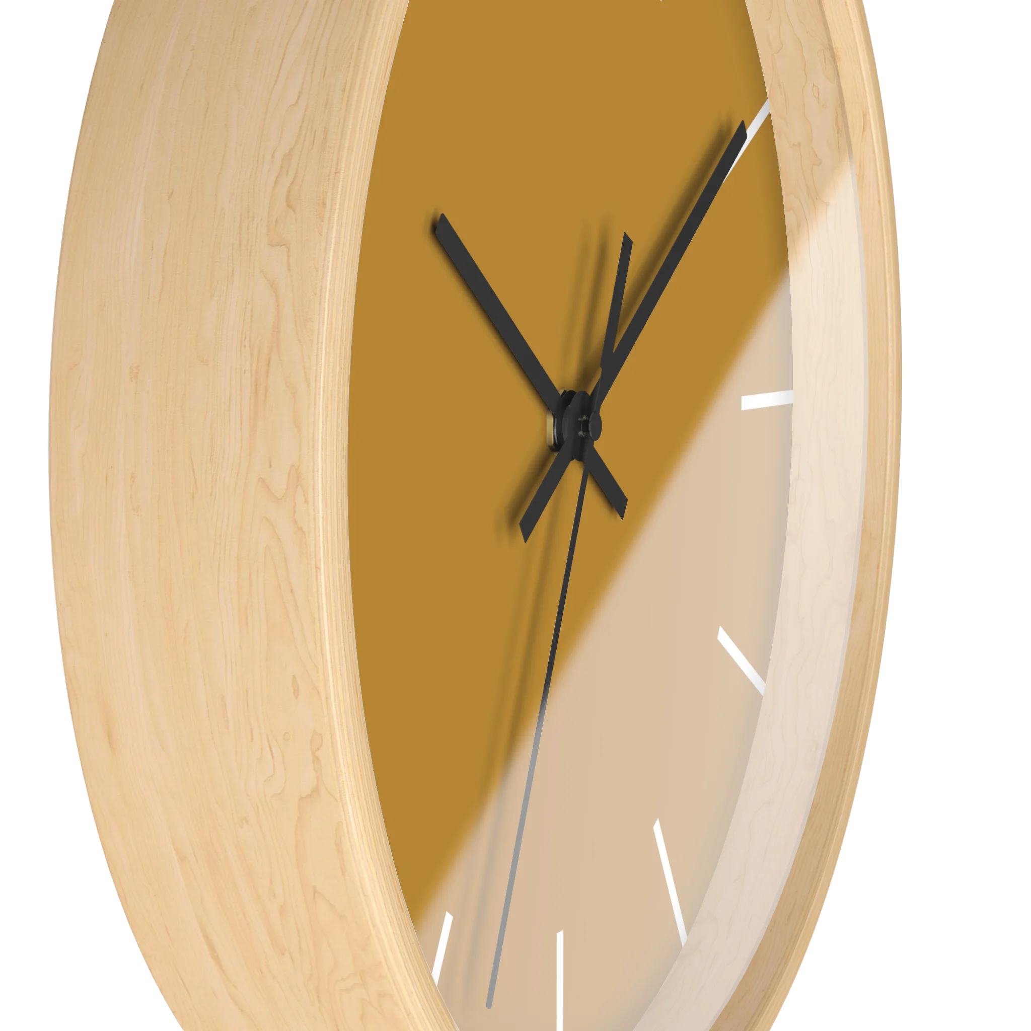 Gold ochre mustard silent wall clock, wooden base, black hands, white markers, 10 inch, side view.