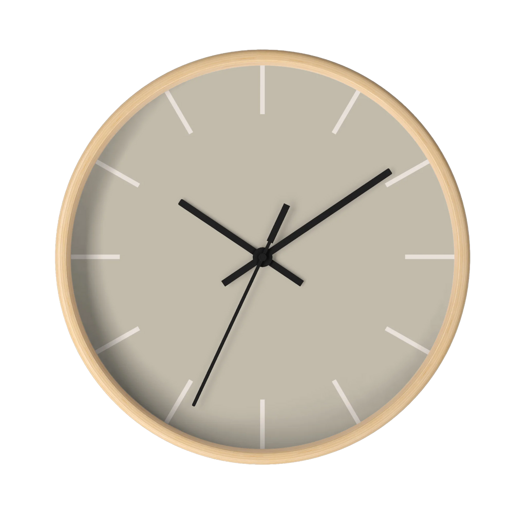 Ivory grey beige silent wall clock, wooden base, black hands, off white markers, 10 inch, front view.